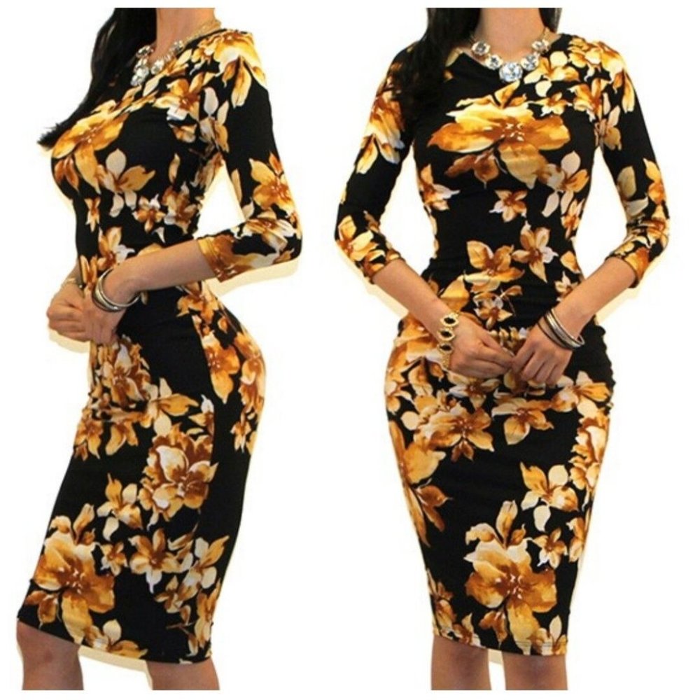 Got Style Donnetta Black Yellow Floral 3/4 Sleeve Bodycon Party Cocktail Dress